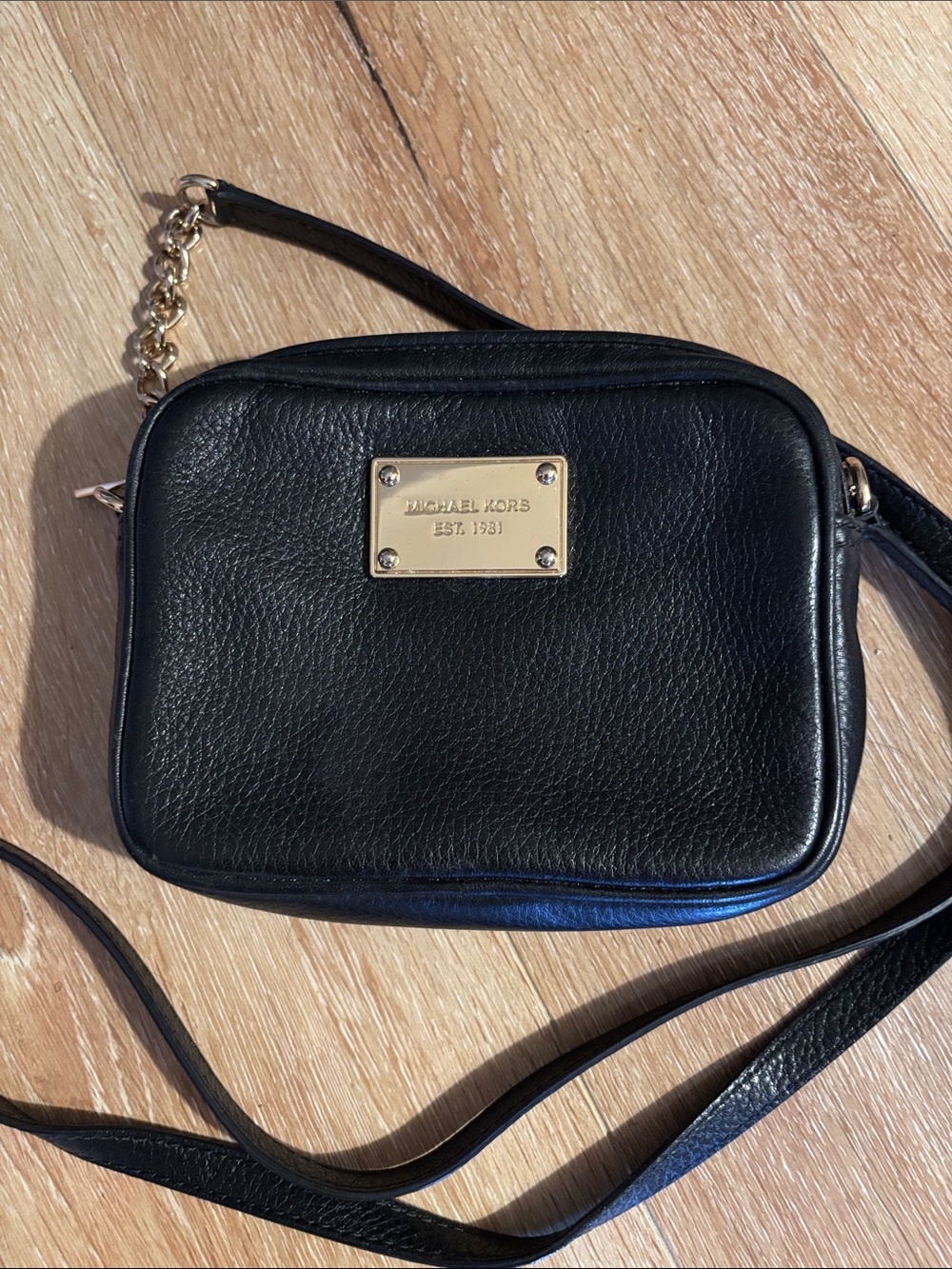 Michael Kors Black Leather Crossbody with Gold Plate